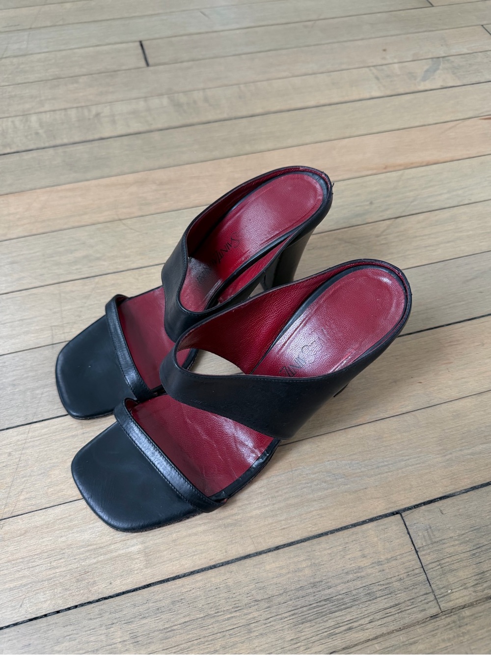 Yves Saint Laurent Black Leather Open-Toe High Heel Mules with Red Insole